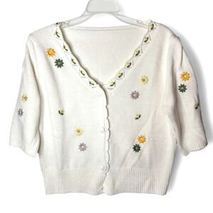 Grandmacore Handmade Floral Cardigan Sweater‎ Womens M Embroidered Knit V-Neck